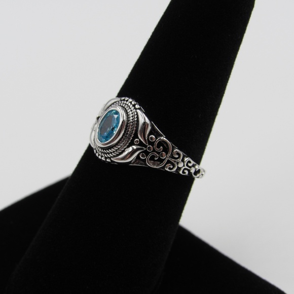 Sterling Silver Blue CZ Diamond Ornate Band Ring - Picture 2 of 5